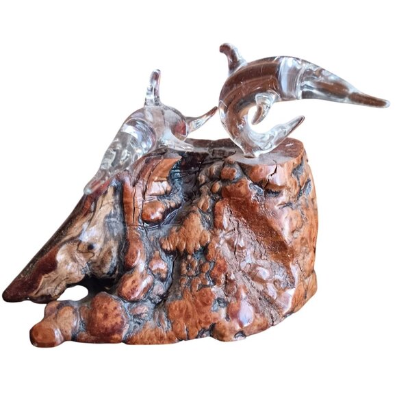 Vintage Handcrafted Wooden Burl & Glass Dolphin Sculpture 5" Desk Decor Hawaii - Picture 1 of 7